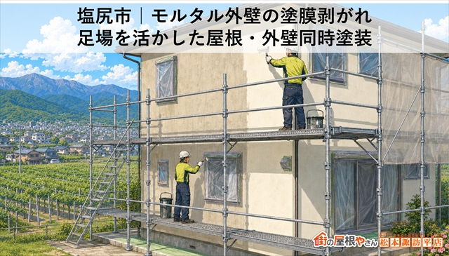 塩尻市｜モルタル外壁の塗膜剥がれ　足場を活かした屋根・外壁同時塗装